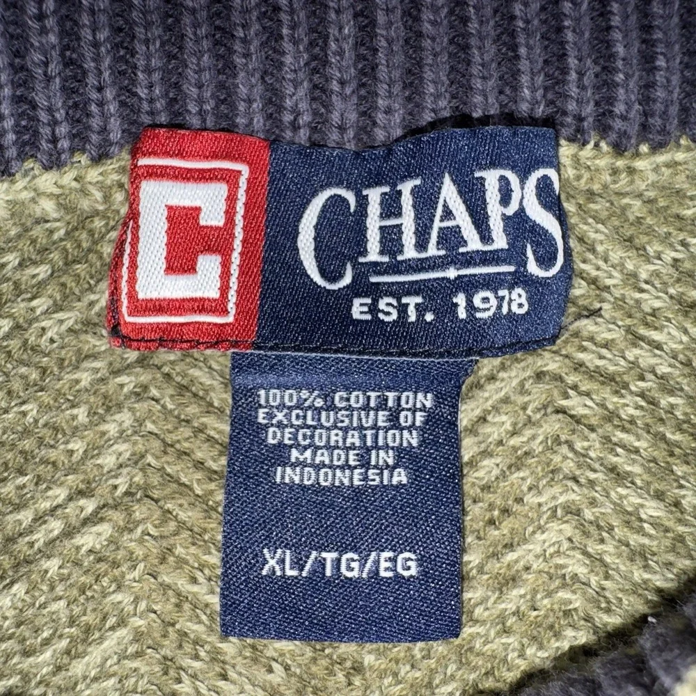 Chaps Mens XL Olive Green Herringbone Knit Cotton Crewneck Sweater Logo